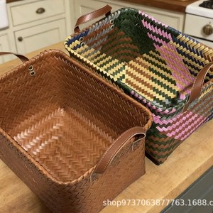 Cesta de Almacenamiento Tejida Retro Colorida, Rectangular, Hecha a Mano con Asa de PU, para Organizar Juguetes, Aperitivos y Ropa - Product Image 2