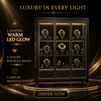 Luxuriöse Schwarz-Gold Schmuck-Vitrine Gebogene Glasvitrine Freistehende Verkaufsvitrine mit LED-Warmlicht