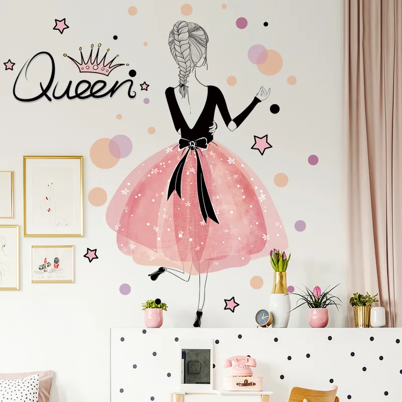 Beautiful Girl Back Wall Stickers Cute Queen Crown Wallpaper Stars and Dots Sticker Home Decoration For Living Room Wall Decal