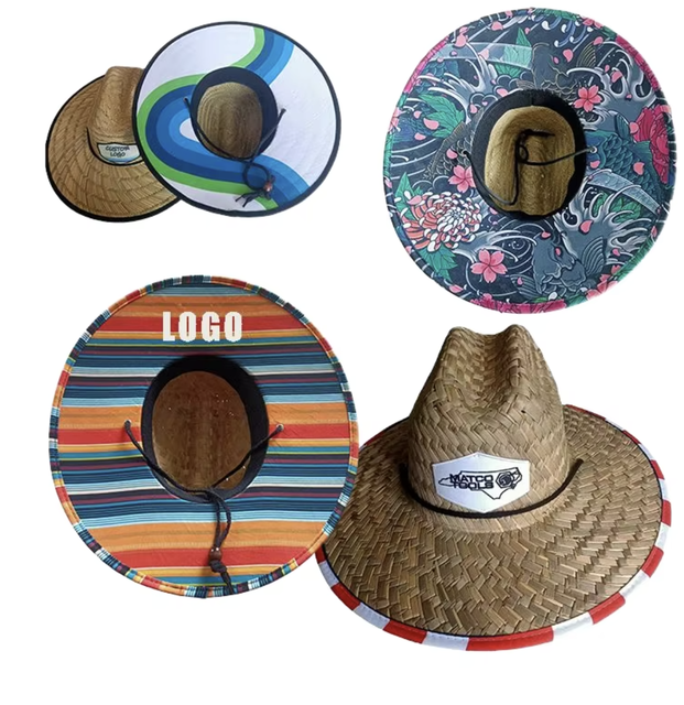 Hand-made Natural Woven Straw Lifeguard Hat Wide Brim UV Protection Hat with Adjustable Chin Cord with Custom Logo for Men Women