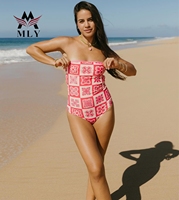 Hoge taille strapless bandeau badpak op maat gemaakte badkleding voor vrouwen buikcontrole vintage print strandkleding