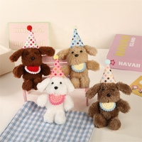 Porte-clés en peluche chien marron mignon et moelleux, avec chapeau d'anniversaire à pois et bavoir au crochet, mini chiot en peluche, pendentif de sac Kawaii, cadeau pour enfants