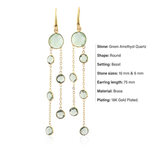 Green Amethyst Quartz Dangle <b>Earrings</b> 18k Gold Plated Bezel Set Round Cut Multi Gemstone Brass <b>Earring</b> for Women Fashion Jewelry - Product Image 1
