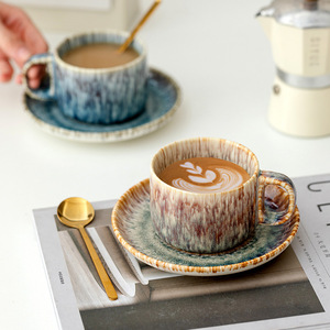 Ensemble de tasses et soucoupes à café en céramique en gros, de haute qualité esthétique, avec effet de transformation de glaçure de four, pour couples - Product Image 2