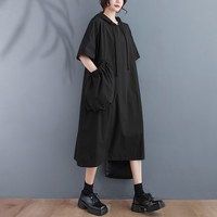 Nouvelle Robe Midi à Capuche pour Femme 2026, Couleur Unie, Grande Taille, Coupe Ample, Jupe Évasée, Poches, Manches Courtes, Style Minimaliste d'Été, Vente en Gros
