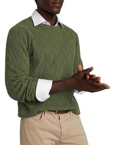 Maglione Jacquard a foglia testurizzata da uomo in cotone 100% a manica lunga girocollo con motivo tonale maglione verde oliva - Product Image 3