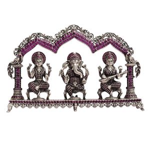 Ensemble d'idoles Ganesha Lakshmi Saraswati en argent 92,5 orné de rubis, statue religieuse décorative pour temple et maison - Product Image 1