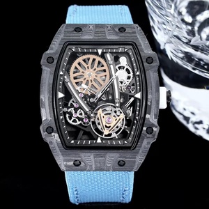 Montre mécanique pour homme de luxe, ultra-fine et légère, design ajouré, boîtier en forme de baril, bracelet tissé, tourbillon, étanche - Product Image 3