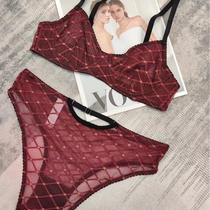 New Ultra-thin Embroidery Underwear Checkered Lace Lingerie Hot Set Sexy <b>Perspective</b> Bra Set Steel Ring Gathering - Product Image 5