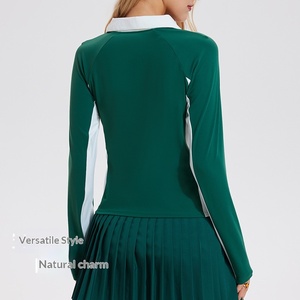 Tenue de tennis pour femme JY, haut de sport ajusté à manches longues et col rabattu, séchage rapide, en nylon et élasthanne, style rétro, idéal pour le golf - Product Image 2