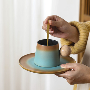 Tasse à café en céramique <span class=keywords><strong>dégradée</strong></span> de poterie brute de style japonais 200ml <span class=keywords><strong>boule</strong></span> de bois poignée lait tasses créatives cadeau souvenir - Product Image 2