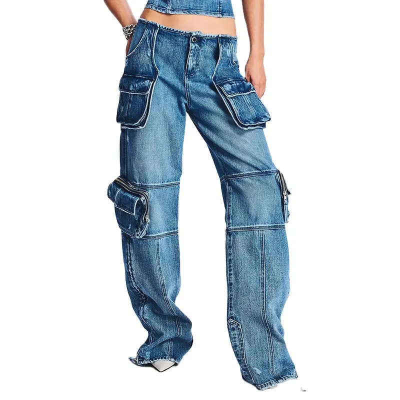TWOTWINSTYLE оптовая продажа лоскутных джинсовых брюк с карманами Высокая талия сплайсированные пуговицы грузовые джинсы для женщин