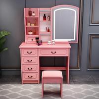 Coiffeuse multifonctionnelle blanche européenne avec miroir LED coulissant, plusieurs tiroirs et tabouret pour petite chambre