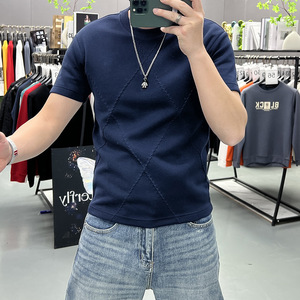Camiseta de Cuello Redondo de Color Sólido Estilo Retro, Camiseta Moderna con Diseñ<span class=keywords><strong>o</strong></span> de Diamantes Recortados, Camiseta de Punto Ajustada de Verano de Alta Calidad - Product Image 4
