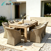 Ensemble de table à manger d'extérieur moderne, léger et durable en rotin, teck et aluminium pour jardin, villa, hôtel, hôpital, chambre à coucher