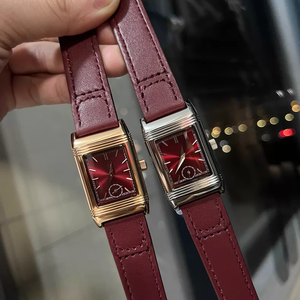 Montre à quartz carrée réversible vintage minimaliste pour femme avec petite seconde, bracelet en cuir bordeaux, élégante et décontractée - Product Image 6