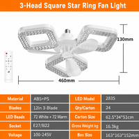 Ventilateur de plafond carré en cristal avec lumière, douille E27, 3 vitesses, télécommande, lampe LED détachable pour chambre à coucher et salon