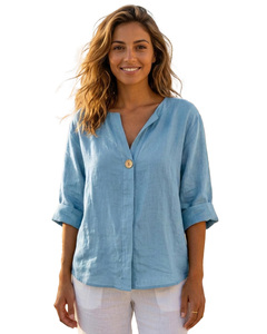 Perfect Sales Awesome Quality Relaxed Fit <b>Linen</b> Cotton Blend Split Neck Tunic Blouse Women Summer <b>Tops</b> - Product Image 4