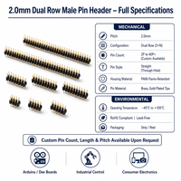 Strip Header Pin Jantan 2.0mm Langsung dari Pabrik 2P-40P Pin Kuningan Ujung Berlapis Emas Dua Baris Lubang Tembus PA66 UL94 V-0 RoHS