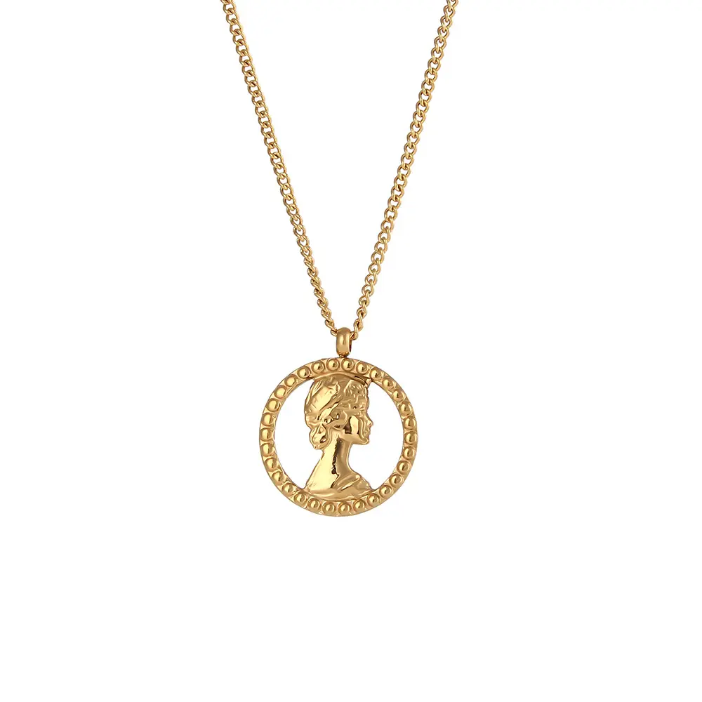 Regalo de joyería de recuerdo vintage Collar Elizabeth de oro de 18 quilates Collar con colgante de moneda de retrato hueco de acero inoxidable