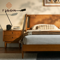 Mid Century Solid Wood Bed Leather Spliced Headboard Rivet Decoration Natural Timber Frame Warm Tone Villa Master Bedroom Bed