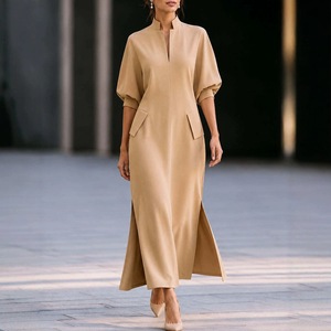 Abito Midi Elegante da Ufficio per Donna Autunno/Primavera 2026 <span class=keywords><strong>con</strong></span> Colletto Rialzato, Maniche a Lanterna e <span class=keywords><strong>Spacco</strong></span> <span class=keywords><strong>Laterale</strong></span>, Linea ad A, Sofisticato e Casual - Product Image 1