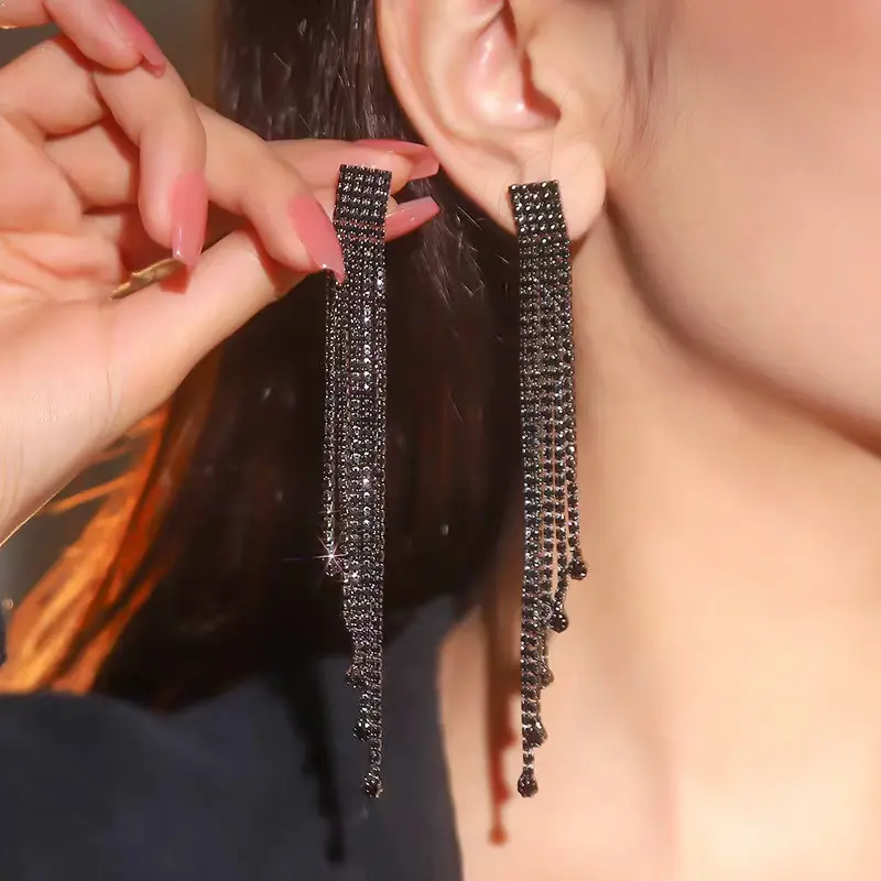 Fashion Full drill diamond Long black tassels earrings for women Factory Wholesale