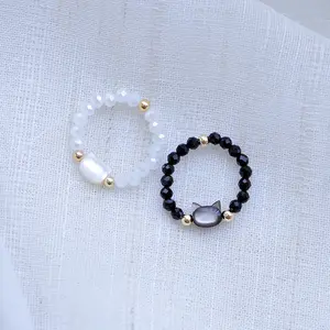 韩国水晶石黑色锆石戒指动物饰品可爱黑猫贝壳珠子女戒指