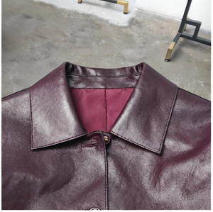 Giacca da <span class=keywords><strong>donna</strong></span> vintage in pelle di pecora <span class=keywords><strong>cerata</strong></span> rosso vino, modello ampio con risvolto a camicia, spalle scese, taglio corto, stile retrò, per il commuting - Product Image 3