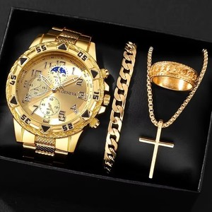 Ensemble de 4 Pièces Montre Homme Tendance Avec Bracelet en Acier Inoxydable de Style Affaires, Bague, Collier et Montre à Quartz - Product Image 3