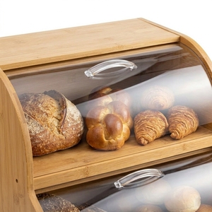 Boîte à pain en bambou double couche avec couvercle à enroulement en acrylique transparent, bac <span class=keywords><strong>de</strong></span> rangement alimentaire haute transparence pour comptoir - Product Image 4