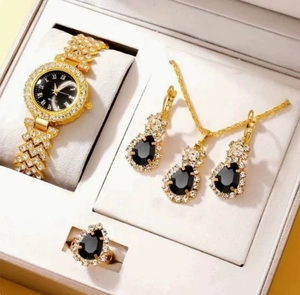 Ensemble de <span class=keywords><strong>bijoux</strong></span> tendance pour femmes avec collier en strass et montre à accents dorés, ensemble de montres à quartz avec pierres précieuses pour filles, pour femmes - Product Image 3