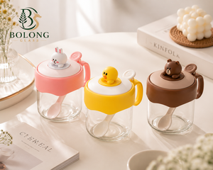 Pot en verre personnalisé avec logo, 180 ml, créatif, petit, mignon, en forme d'<span class=keywords><strong>animal</strong></span> (lapin, ours, canard), avec cuillère et poignée, pour épices et aliments, emballage Bolong - Product Image 2