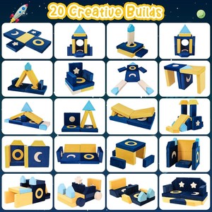 Ensemble de canapés modulaires pour enfants avec motif étoile et lune, meubles en mousse bleus et jaunes pour les tout-petits et les enfants, salle de jeux - Product Image 2