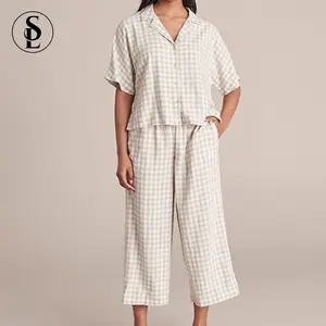 Girls Plus Size Women's Sleepwear Linen Blend 7/8 Pant and Shirt Sleep Pyjama Set Night Wear for Women