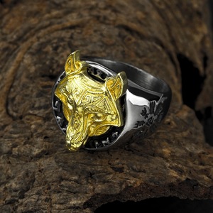 Yunnique-Anillo con cabeza de lobo de acero y titanio para hombre, chapado en oro, diseño de runas vikingas, estilo Hip Hop, joyería de regalo - Product Image 2