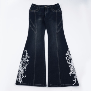 Y2K Vintage Print Washed Split Rivet Decor Flattering Flared Pants Hot Girl Low Waist Elegant Versatile Dark Blue Jeans - Product Image 6