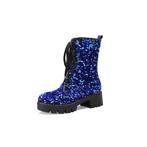 Novíssimas Botas Curtas Femininas de Salto Alto com Cadarço e Lantejoulas, Moda Outono/Inverno, Salto de 9cm, Palmilha de Madeira, Elegantes, Atacado de Fábrica - Product Image 4