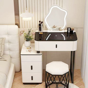 Modern Pine Wood Panel <b>Makeup</b> <b>Dressing</b> <b>Table</b> with LED Removable Mirror White Corner Vanity for Women Bedroom Furniture - Product Image 2