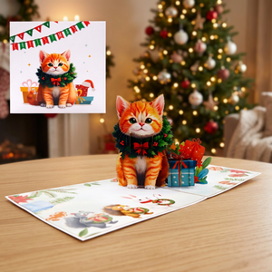 Tarjeta de felicitación navideña 3D emergente, lindo gatito naranja con corona, animal de dibujos animados, manualidad en papel, regalo navideño - Product Image 5
