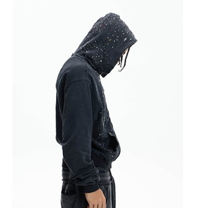 Sweat à capuche zippé personnalisé 100 % coton, style vintage French Terry Y2K, délavé à l'acide, orné de strass et de cristaux, clouté de diamants, pour l'automne - Product Image 5