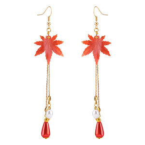 New Chinese style earrings, antique style women's ear <b>clips</b>, red maple leaf Chinese style tassel earrings, Hanfu accessories. - Product Image 5