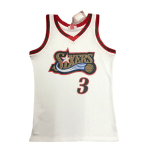 Presse à chaud personnalisée en gros, style rétro <span class=keywords><strong>76ers</strong></span> # <span class=keywords><strong>Maillot</strong></span> de basket sans manches 398 Season noir et blanc en maille poly unisexe adulte 2026 transfrontalier - Product Image 5