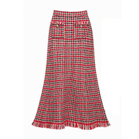 Ensemble 2 pièces vintage de luxe en tweed à carreaux avec veste courte à col perlé et bordure à franges et jupe midi pour femme, idéal pour les réunions professionnelles