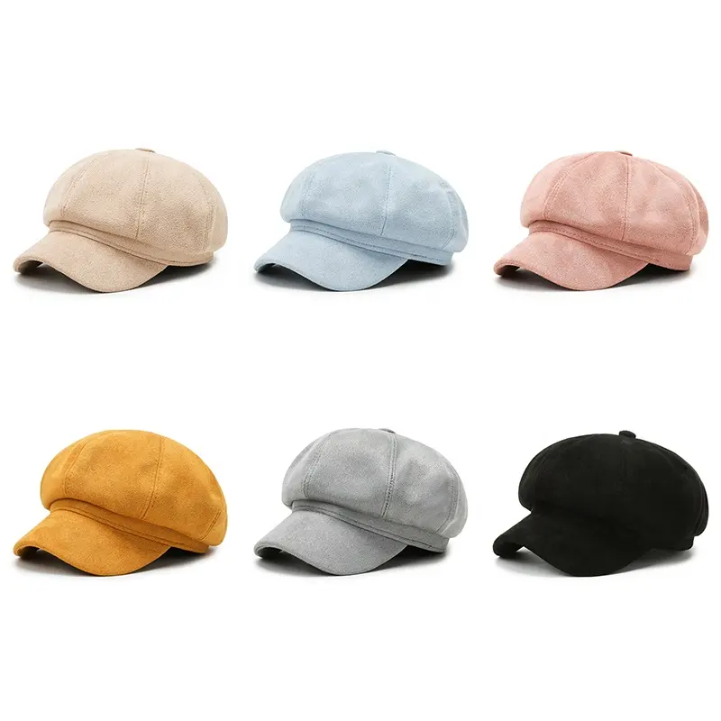 Nieuwe Lente Groothandel Effen Kleur Mode Verstelbare Baretten Suède 8 Panel Hoeden Baret Voor Dames Krantenjongen Pet