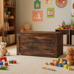 กล่องเก็บของไม้สีน้ำตาลสไตล์เรโทร 80x68x38 ซม. บานพับนิรภัย มีหูจับด้านข้าง สำหรับห้องเด็กเล่น - Product Image 2