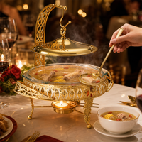 Réchaud à alcool FLEY en acier inoxydable doré avec bol en verre transparent et couvercle suspendu pour buffet, mariage, événements de restauration