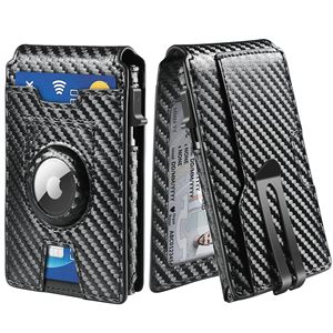 Men's Carbon Fiber <b>Card</b> <b>Holder</b> With Airtag Slot RFID Blocking <b>Wallet</b> Black Vertical Flip Design <b>For</b> Everyday Use - Product Image 1