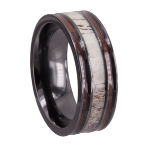 CHENG JEWELERS VENTA AL POR MAYOR Anillo de Bodas de cerámica negra de 8mm con asta de ciervo e incrustaciones de madera - Product Image 5