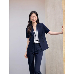 Women's Gray Short Sleeve Double Breasted <b>Blazer</b> And Trousers Suit <b>Set</b> For Commute Anti-Wrinkle Formal Wear - Product Image 4